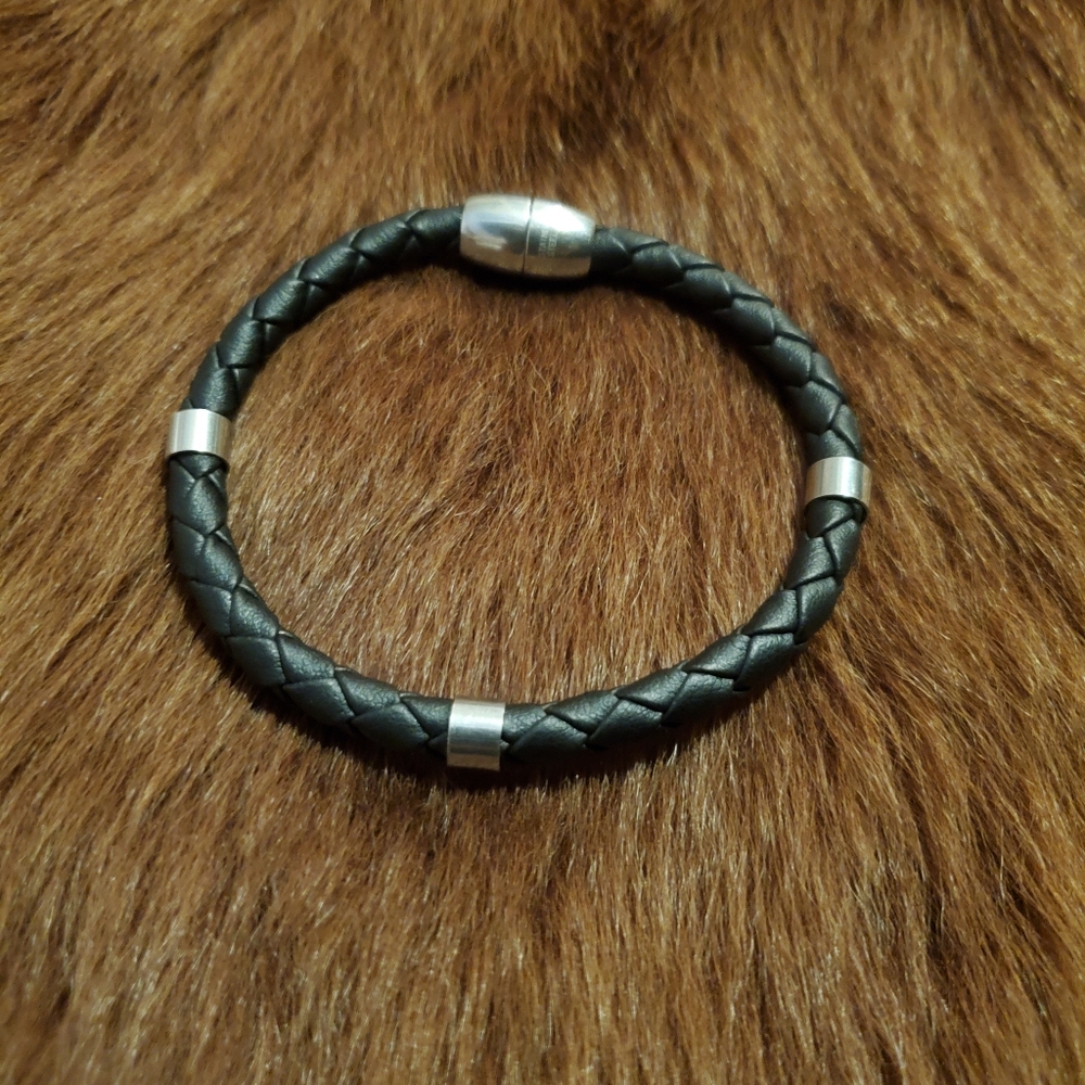 Braided Black Leather Bracelet with Silver Accents